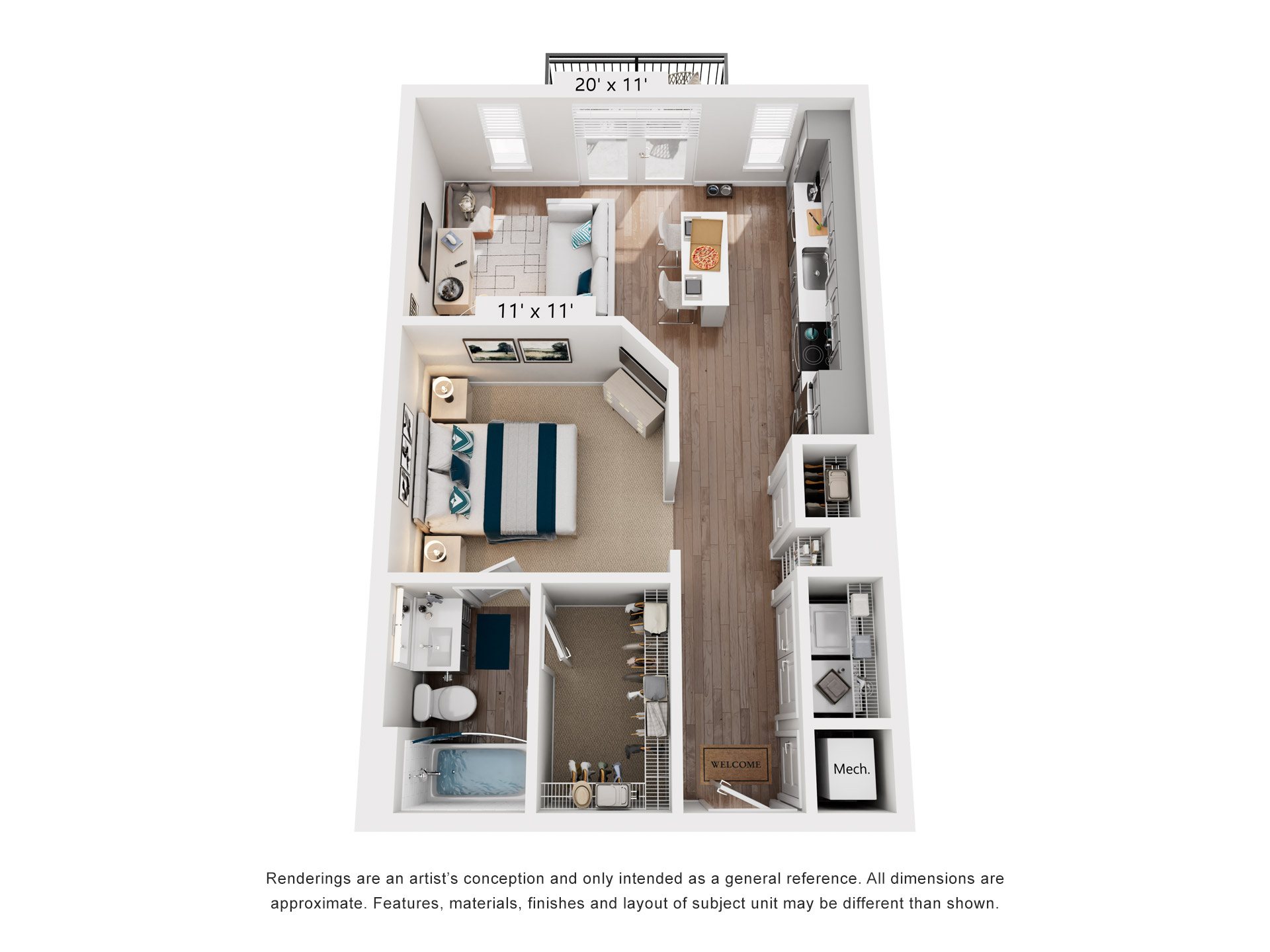 Floor plan for studio, 1 bath, 672 sqft